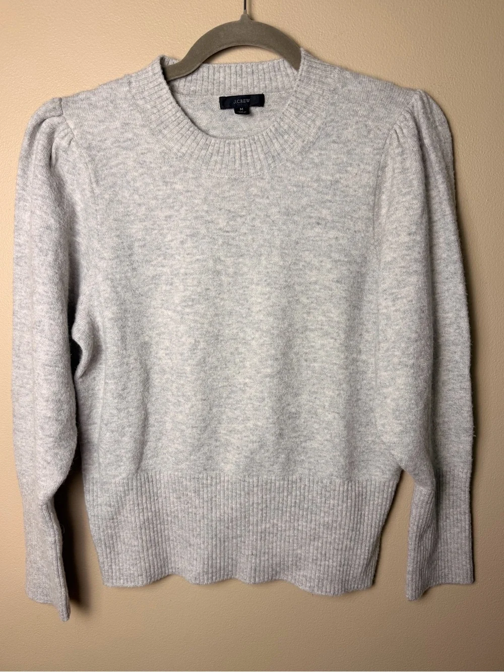 J.Crew Puff Sleeve Crewneck Sweater Supersoft Yarn Gray Merino Alpaca Size M